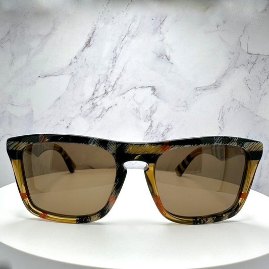 Burberry BE4434 4146/73 brown square check sunglasses with box and case front view.