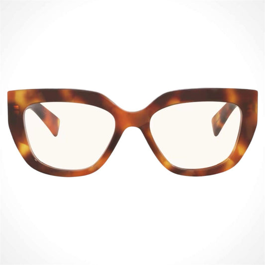 Gucci GG18470 002 brown tortoise cat eye women’s eyeglasses gold logo front view.