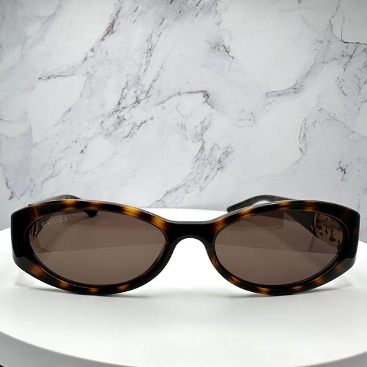 Gucci GG1660S 002 brown tortoise 'Hailey' women's sunglasses front view.