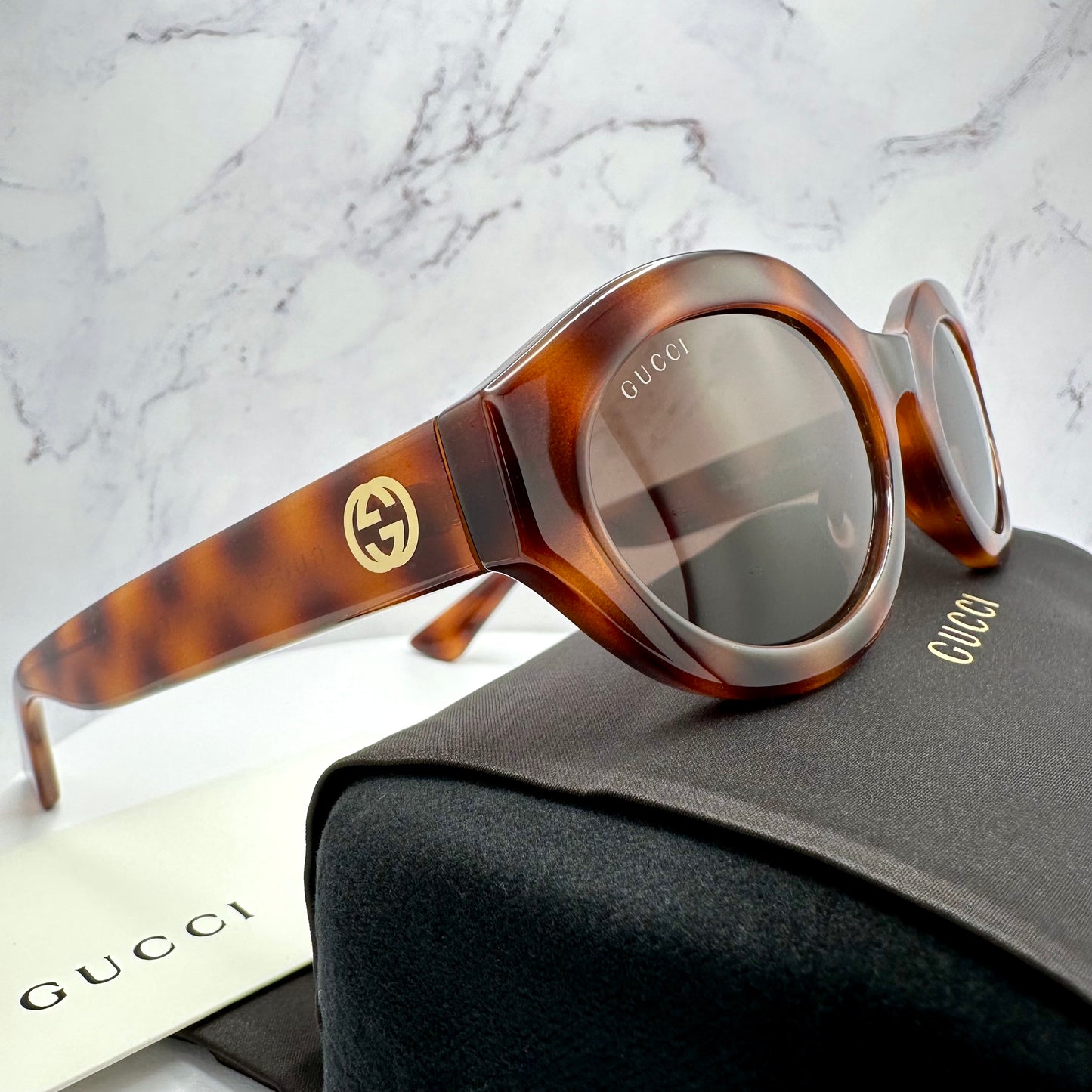 Gucci Brown Gold Sunglasses Oval Interlocking GG Logo GG1579S 002