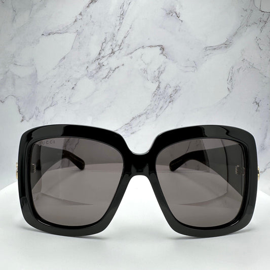 Gucci GG1402S 001 black square wrap grey lens gold logo sunglasses front view