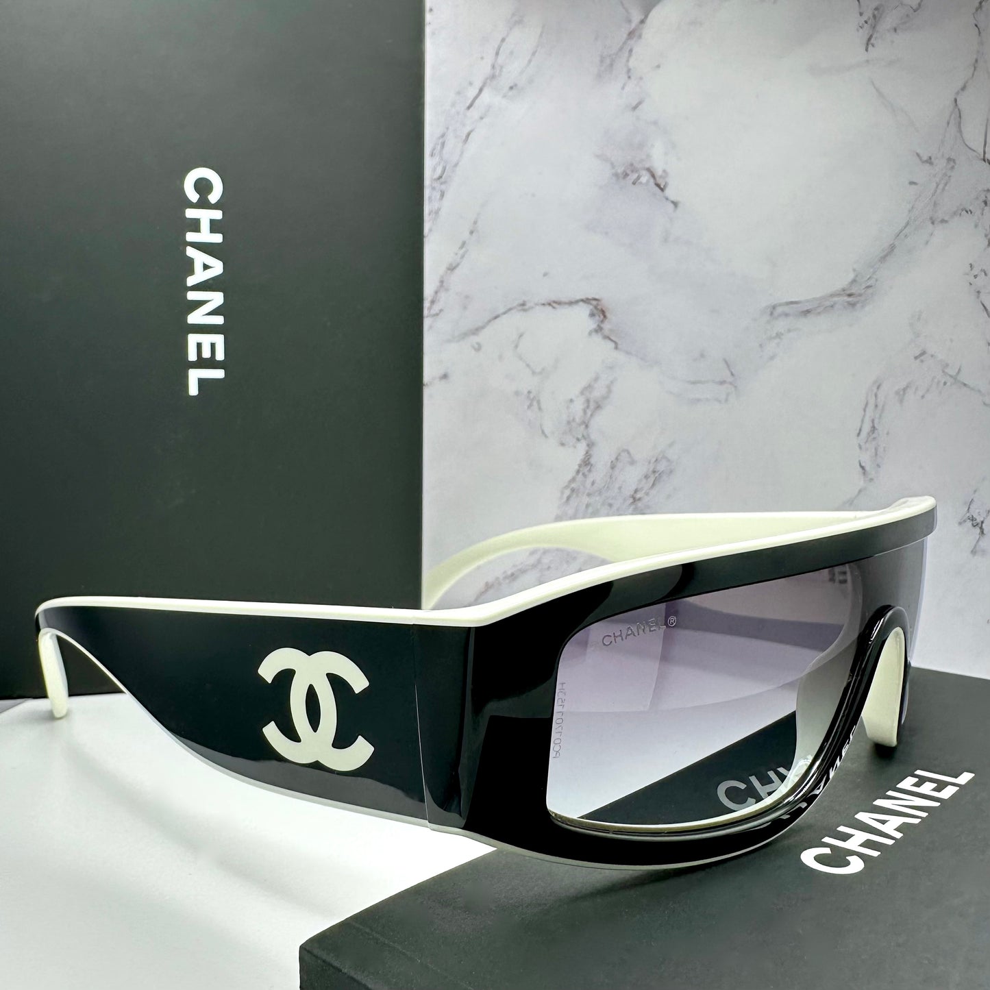 Chanel Shield Sunglasses CC Logo CH6057 Black & White