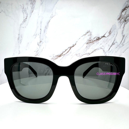 Prada PRC04S 16K08Z black square silver letter logo sunglasses front view