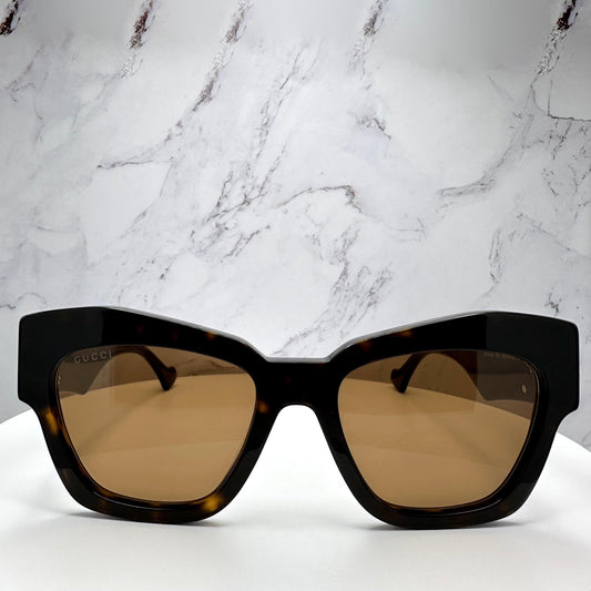 Gucci GG1422S 003 brown tortoise gold metal cat eye sunglasses front view