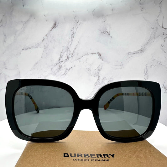 Burberry 0BE4323 3853/87 black square sunglasses with checkered arms grey lens front view.