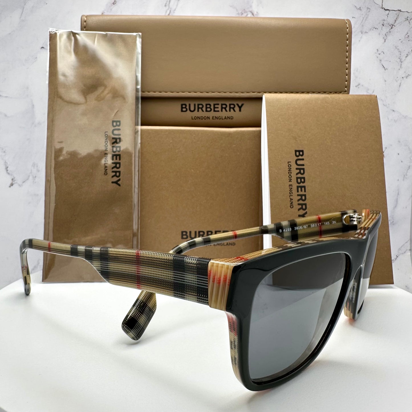 Burberry Sunglasses Black Front Frame Check Arms BE4293
