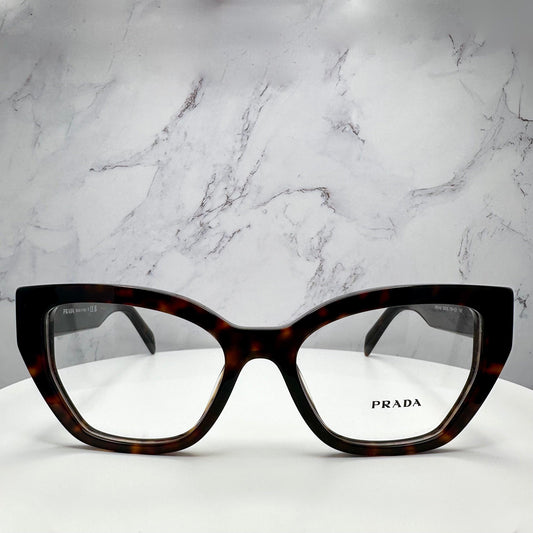 Prada PR A16V 17N1O1 brown tortoise cat eye gold metal logo women's eyeglasses front view