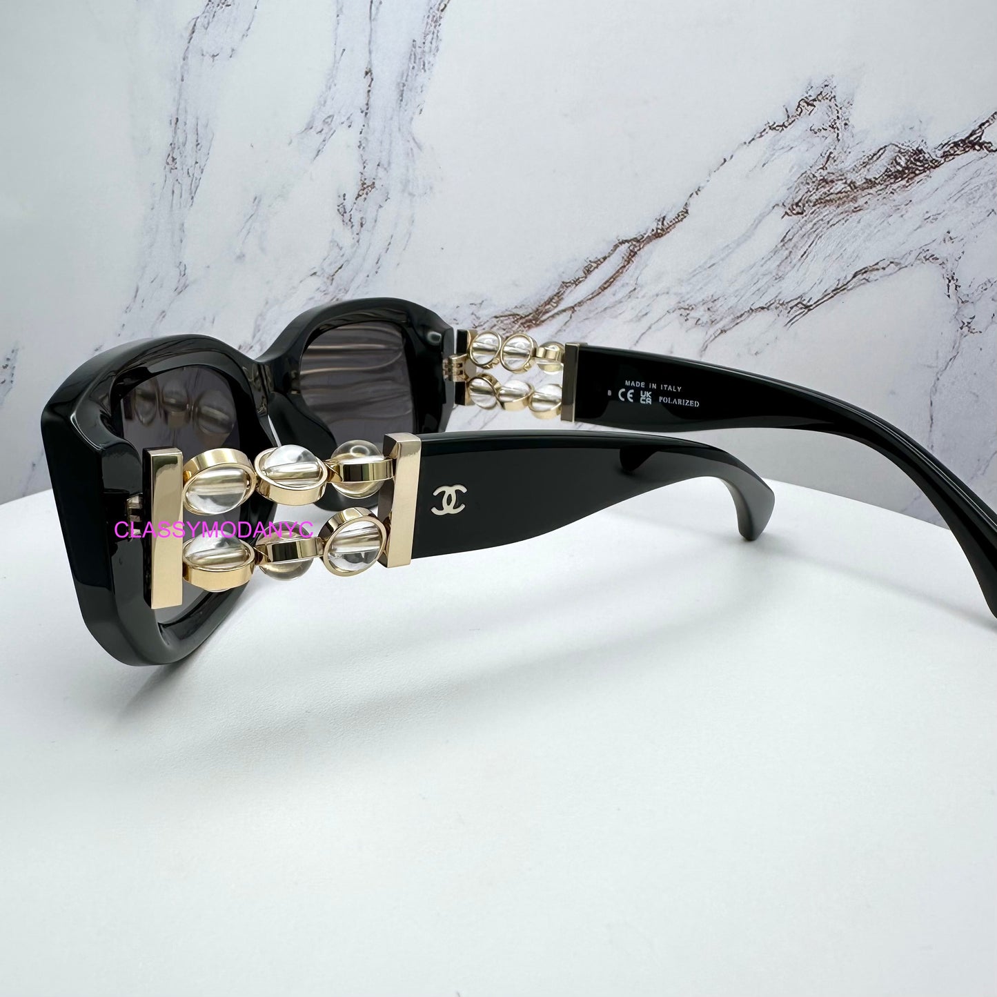 Chanel Sunglasses Black Polarized Gold CC Glass Pearls CH5542 C622/S8