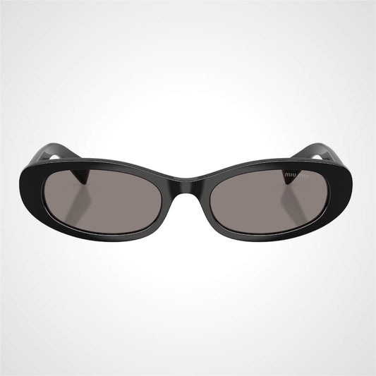 MIU MIU MU C02S 1AB80Q women’s black oval sunglasses with gray lenses, gold hardware and MIU MIU letter logo