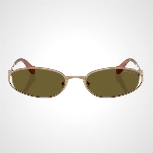 MIU MIU MU C51S 7OE09Z women’s gold oval irregular metal sunglasses with brown lenses and signature logo