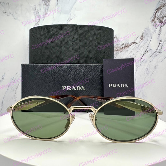 PRADA PR 65ZS ZVN70L gold and brown oval sunglasses with green lenses and gold Symbole Milano logo