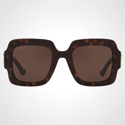 Gucci GG1547S 002 brown tortoise oversized square women's sunglasses with gold metal GG logo front view