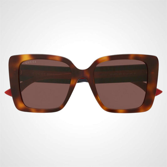 GUCCI GG1861S 002 brown tortoise oversized frame sunglasses with web arms gold logo.