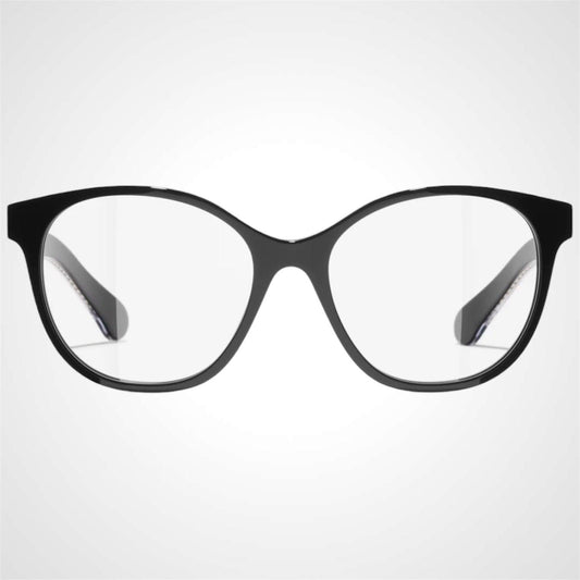 CHANEL CH3493 C622 black acetate pantos women's eyeglasses with a gold flat CC chain front view