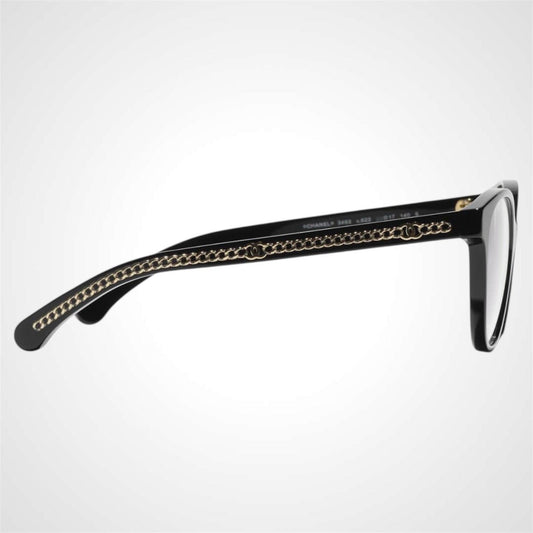 CHANEL CH3493 C622 black acetate pantos women's eyeglasses with a gold flat CC chain side view