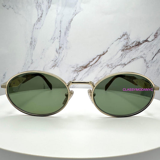 Prada 0PR65ZS ZVN70L oval metal unisex sunglasses with green lens contrasting brown tortoise front view