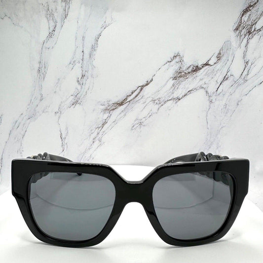 VERSACE 0VE4409 GB1/87 black square front frame women's sunglasses with grey lens.