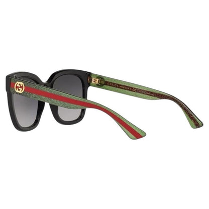 Gucci GG0034SN 002 black square sunglasses with red and green web arms gold logo.
