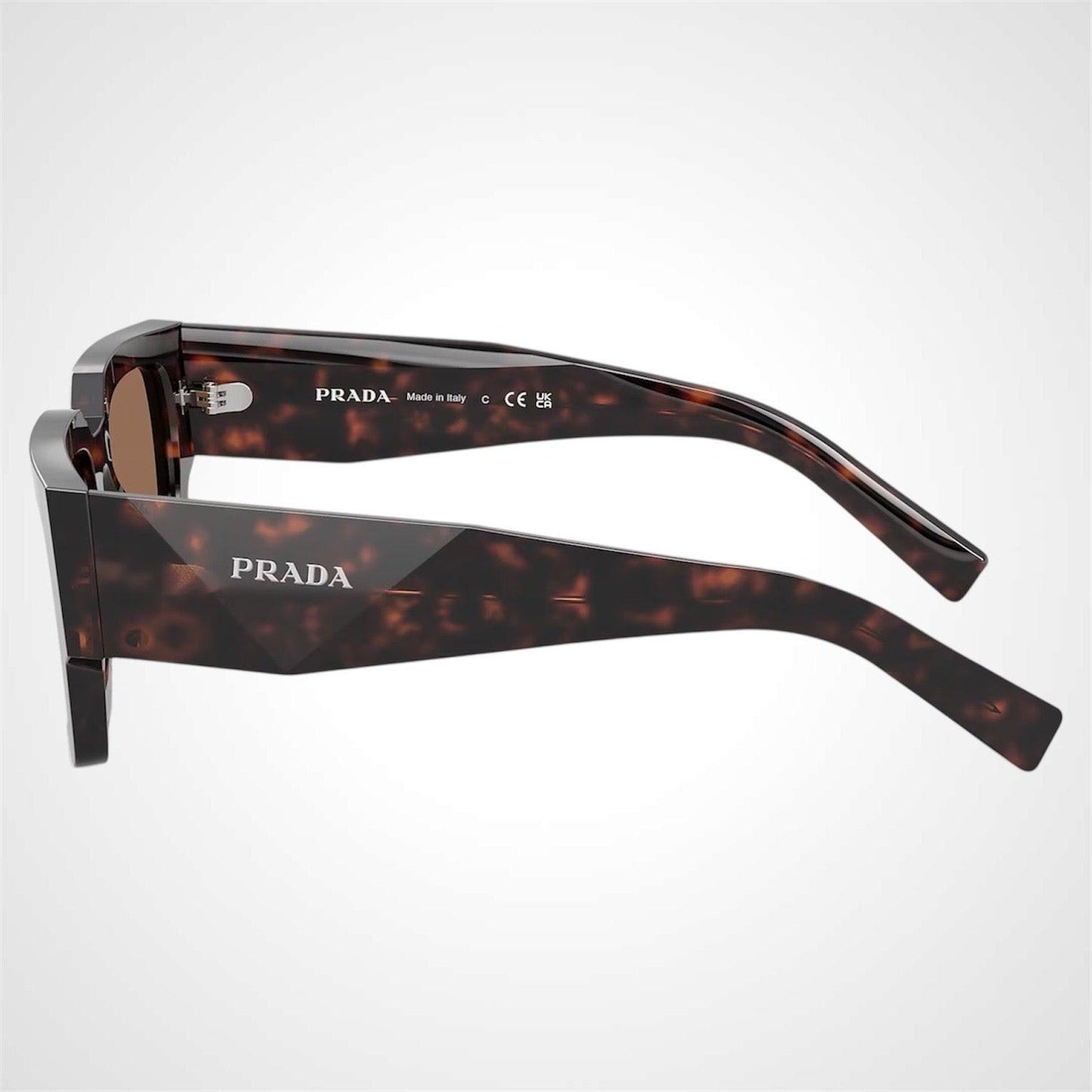 Prada PRB17S 17N06B brown root tortoise square frame men's sunglasses side arm view.