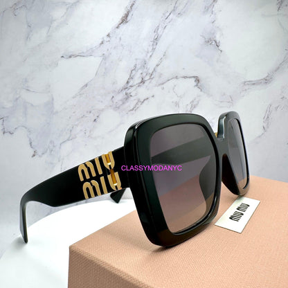 MIU MIU MU10YS 1AB5D1 black square frames with gold metal logo on box.