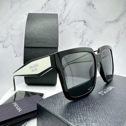 Prada 0PR24ZS 1AB5S0 black white square grey gradient sunglasses side view silver symbole logo