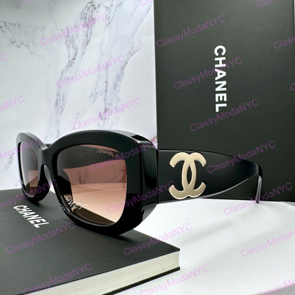 5493 C622/S5 Chanel black sunglasses side frame gold metal CC womens 