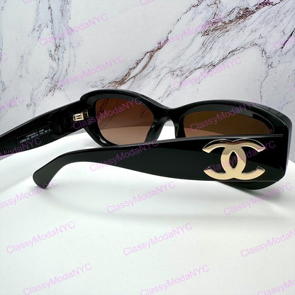 5493 C622/S5 Chanel black sunglasses side frame gold metal CC women's 