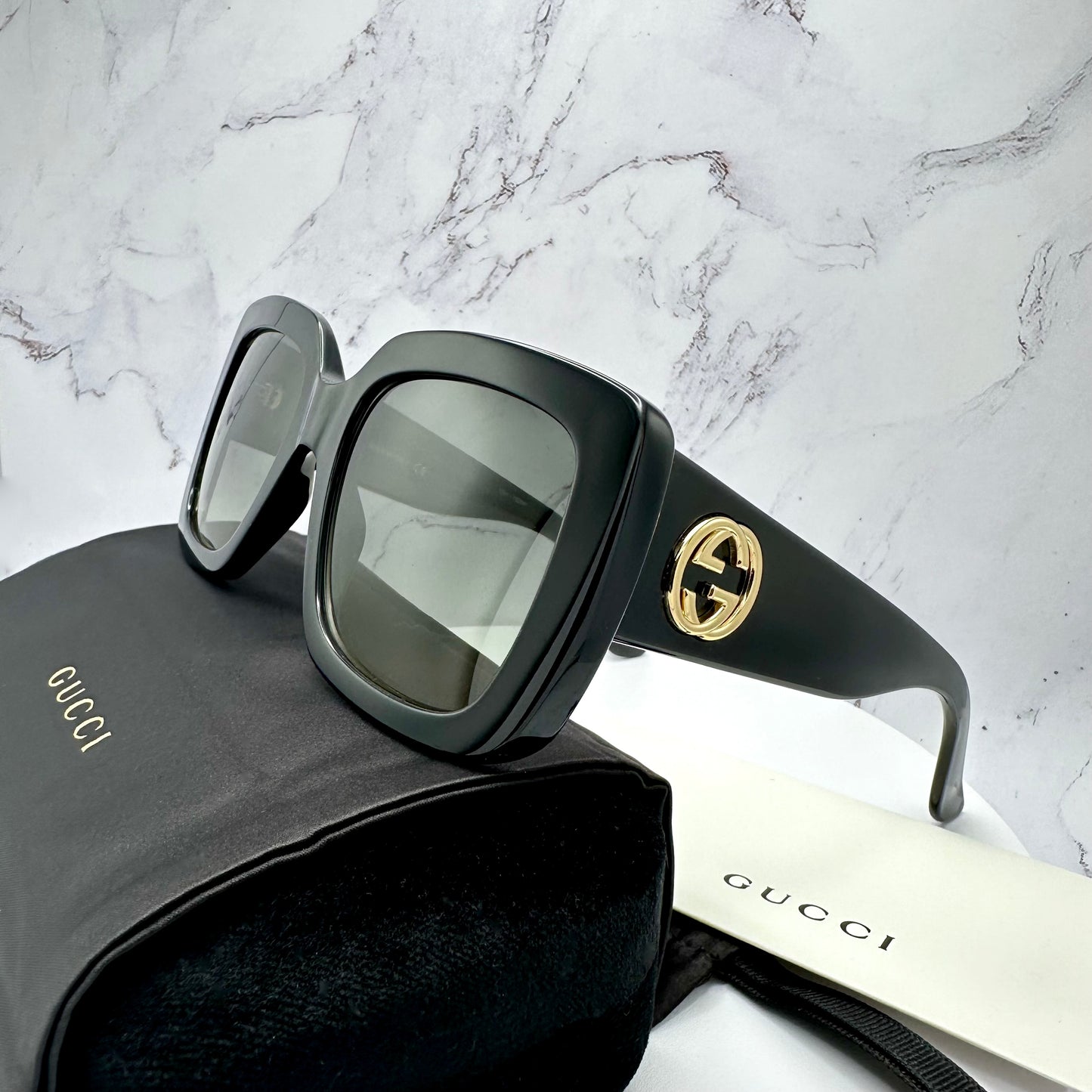 Gucci Sunglasses GG0141SN Black Square Gold GG Logo 53mm