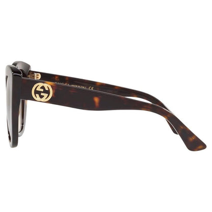 Gucci GG0327S 002 brown tortoise cat eye women's sunglasses temple arms with gold interlocking GG logo