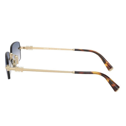 MIU MIU MUB50S ZVN80O side view of gold metal rimless blue rectangular sunglasses