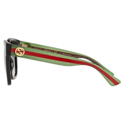 Gucci GG0034SN 002 side view of black square sunglasses with striped red green web arms