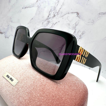 MIU MIU 0MU10YS 1AB5D1 black square acetate sunglasses side view with gold metal logo for women.
