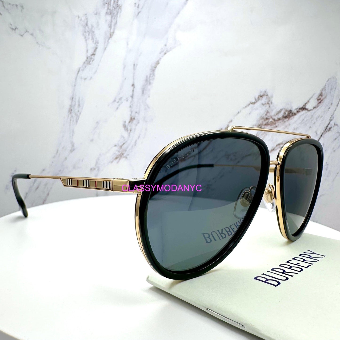 Burberry 0BE3125 101781 gold metal check arm black aviator sunglasses side view