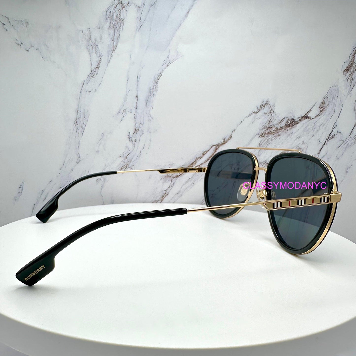 Burberry BE3125 101781 gold black metal check arm aviator unisex sunglasses side view