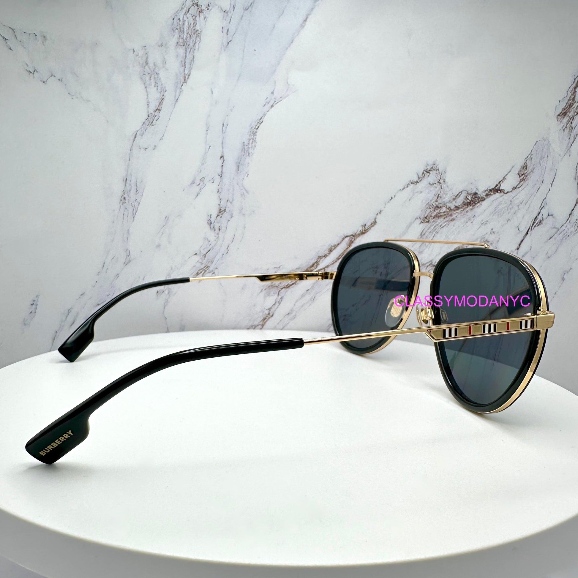 Burberry BE3125 101781 gold black metal check arm aviator unisex sunglasses side view
