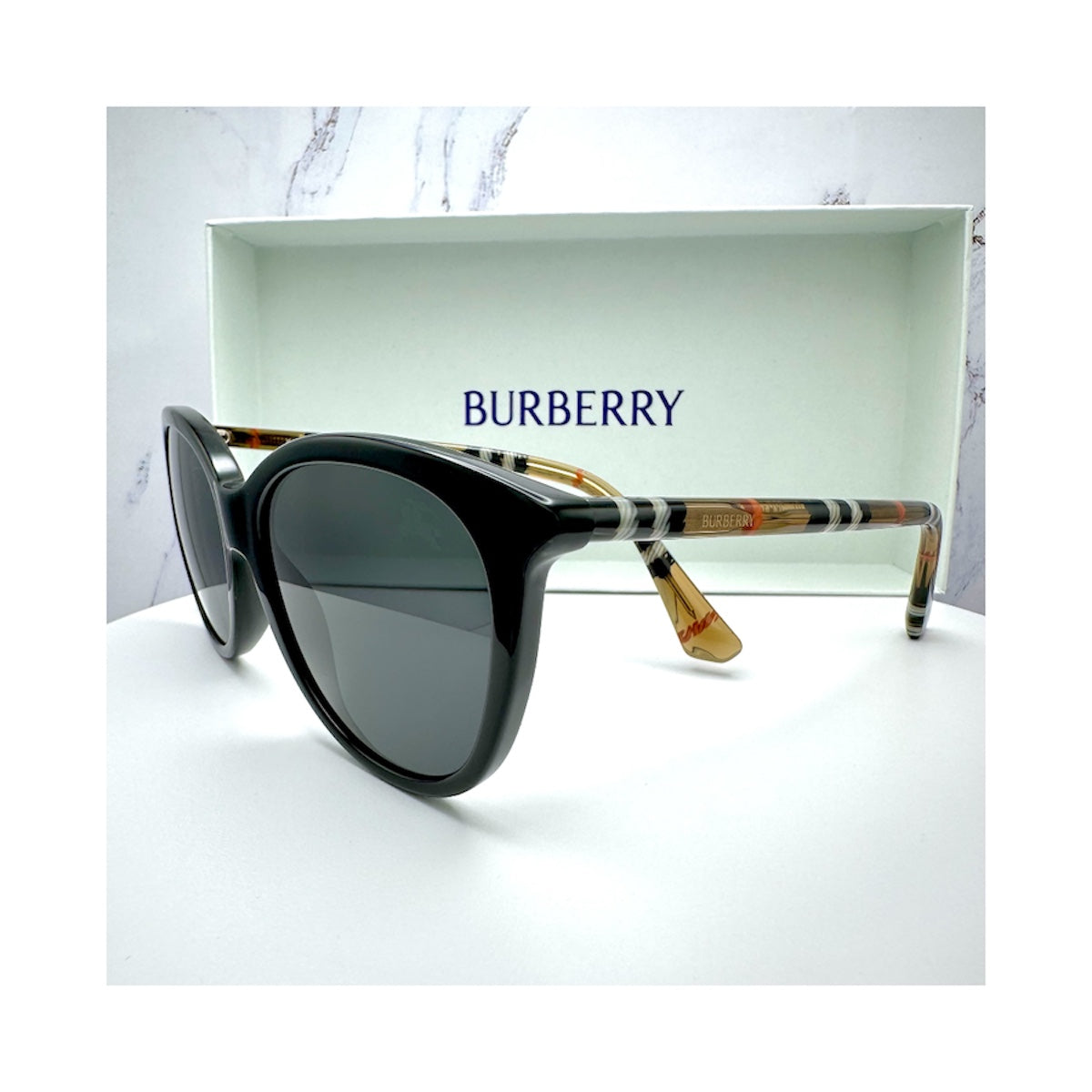 BE4455 416187 Burberry Black Checkered Arms Round Sunglasses 
