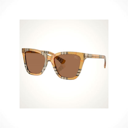 BURBERRY BE4470 416373 Brown Check Sand square unisex sunglasses with brown lenses and gold logo