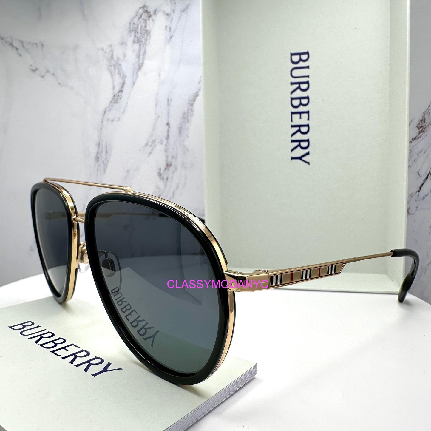 Burberry BE3125 101781 gold black metal check arm aviator unisex sunglasses back view