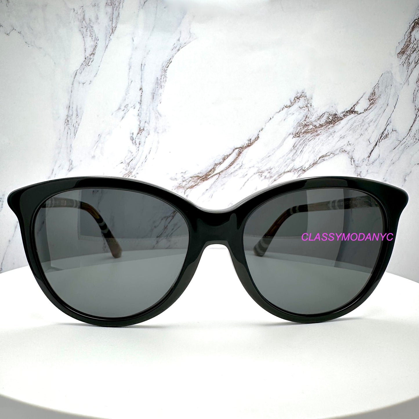 Burberry Sunglasses BE4455 41687 black  frame with check arms for women front view with gray lens 