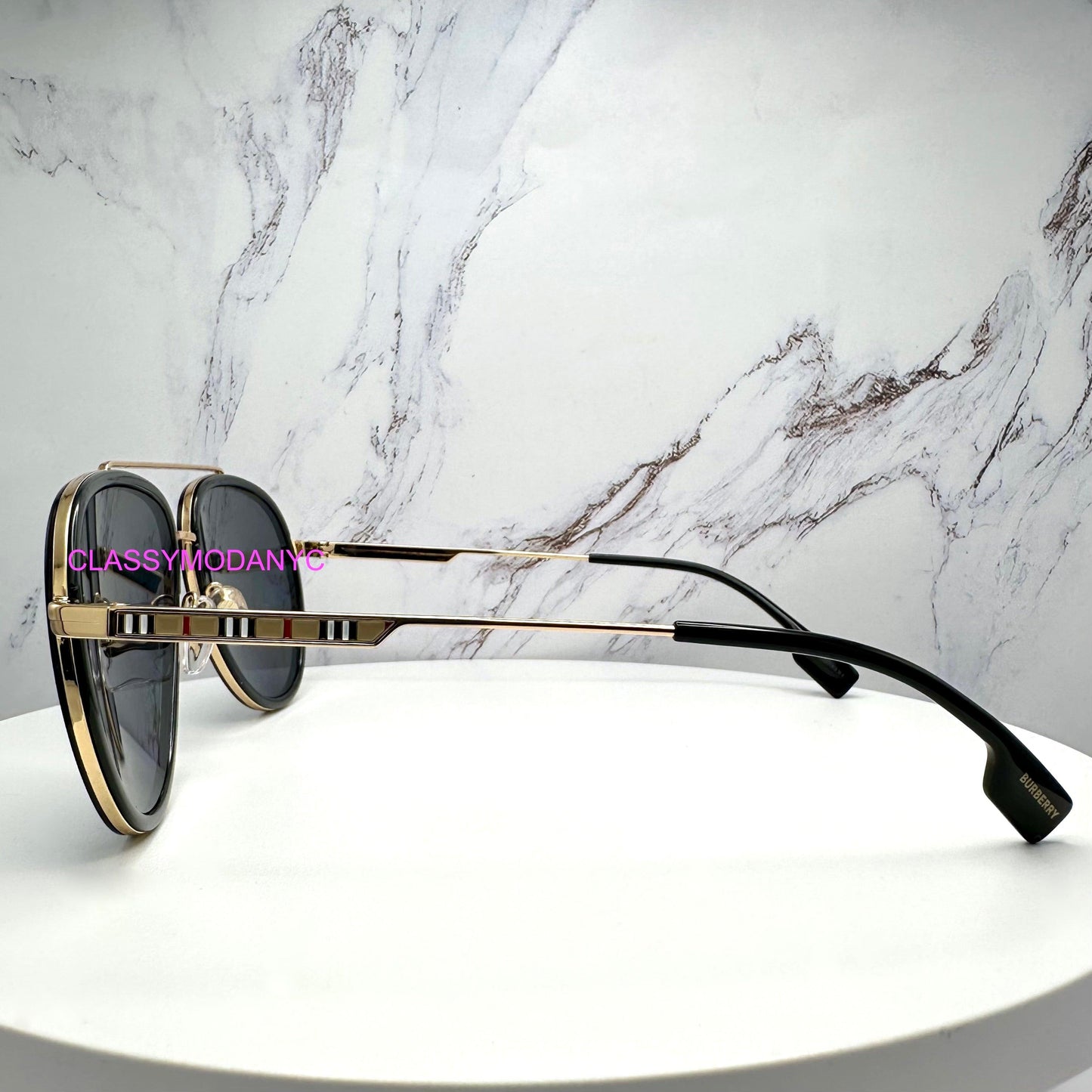 Burberry BE3125 101781 gold black metal check arm aviator unisex sunglasses side view