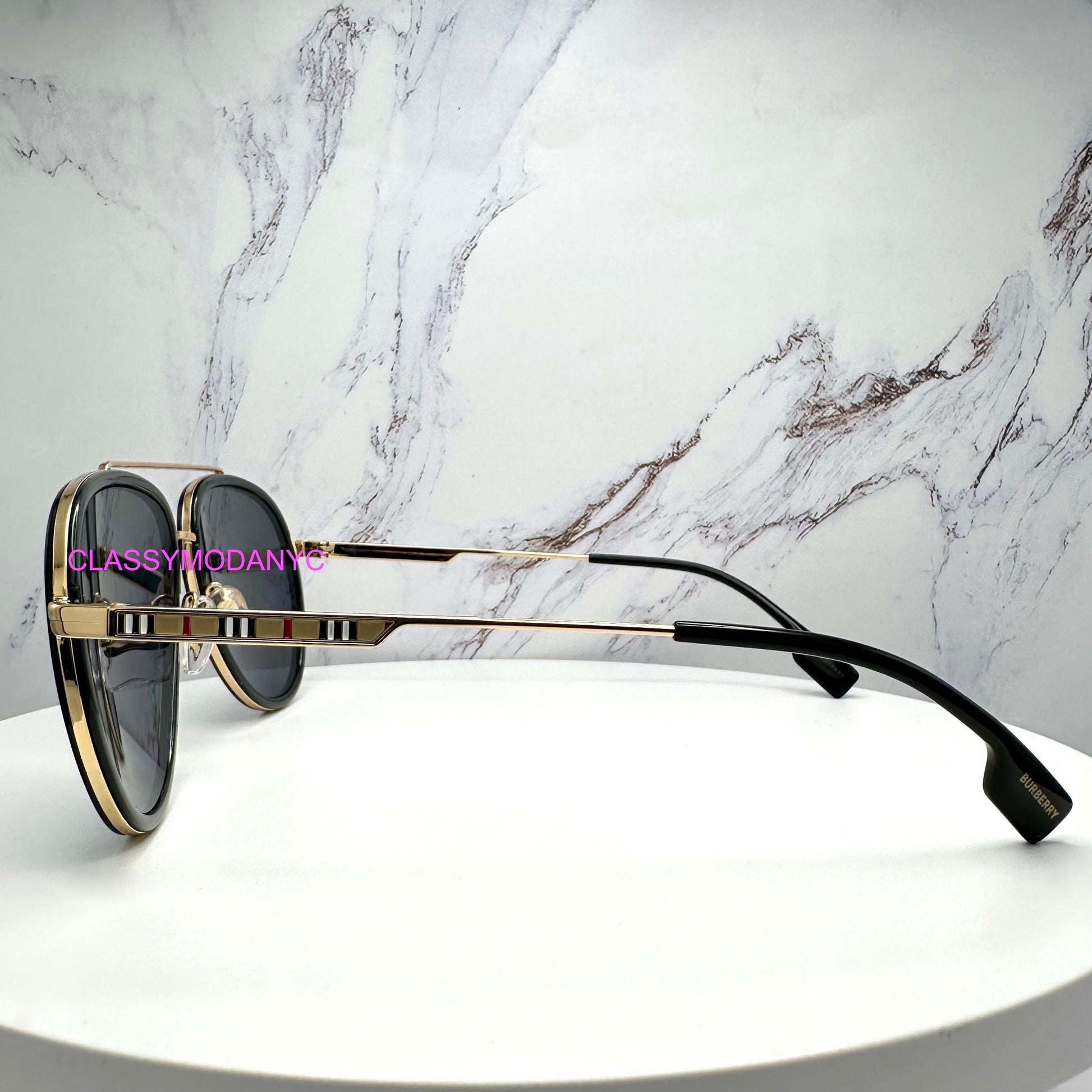 Burberry BE3125 101781 gold black metal check arm aviator unisex sunglasses side view