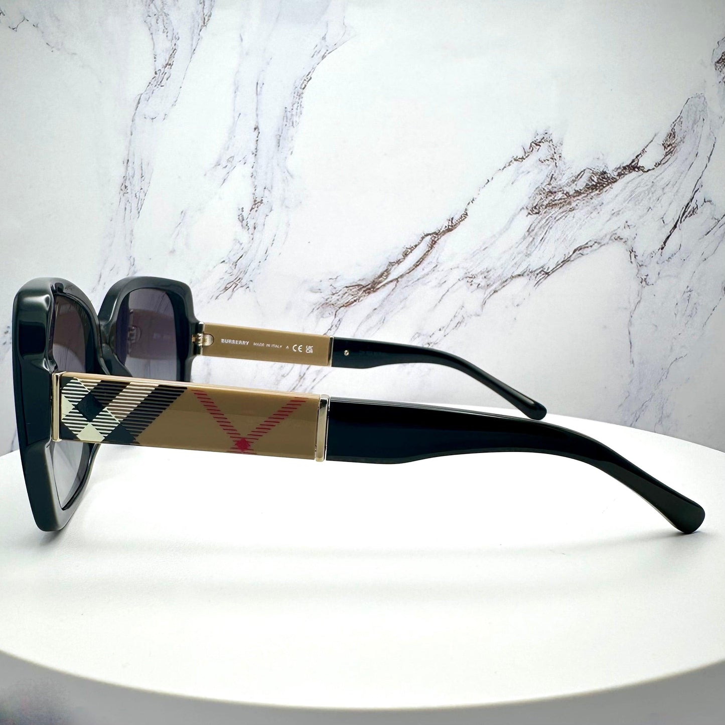 Burberry 0BE4160 34338G black square brown check arm women's sunglasses side view