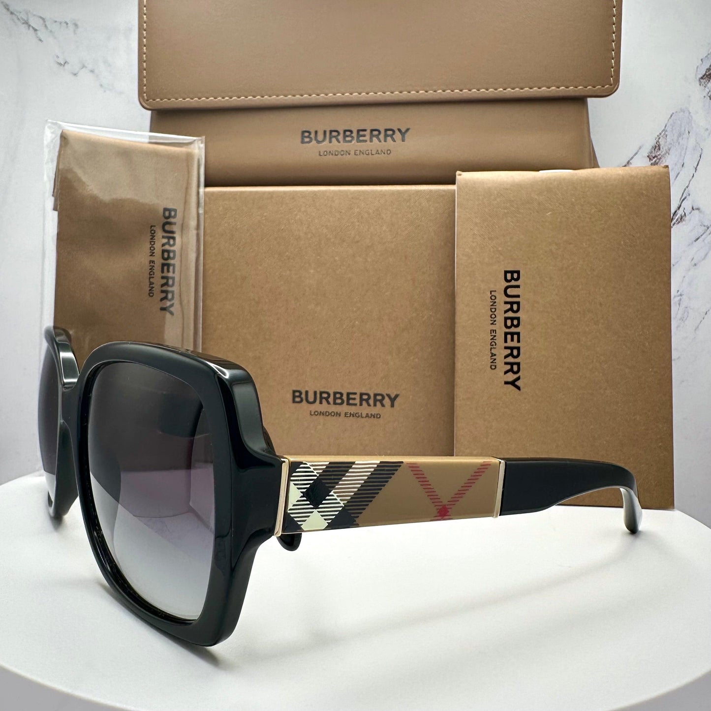 Burberry 0BE4160 34338G black square grey lens brown check arm women's sunglasses side view with box and case