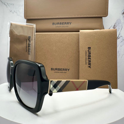 Burberry 0BE4160 34338G black square grey lens brown check arm women's sunglasses side view with box and case