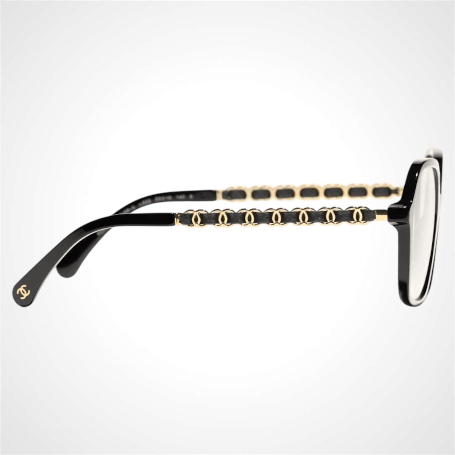 CHANEL CH3489Q C622 black acetate gold chain arms women's eyeglasses side view