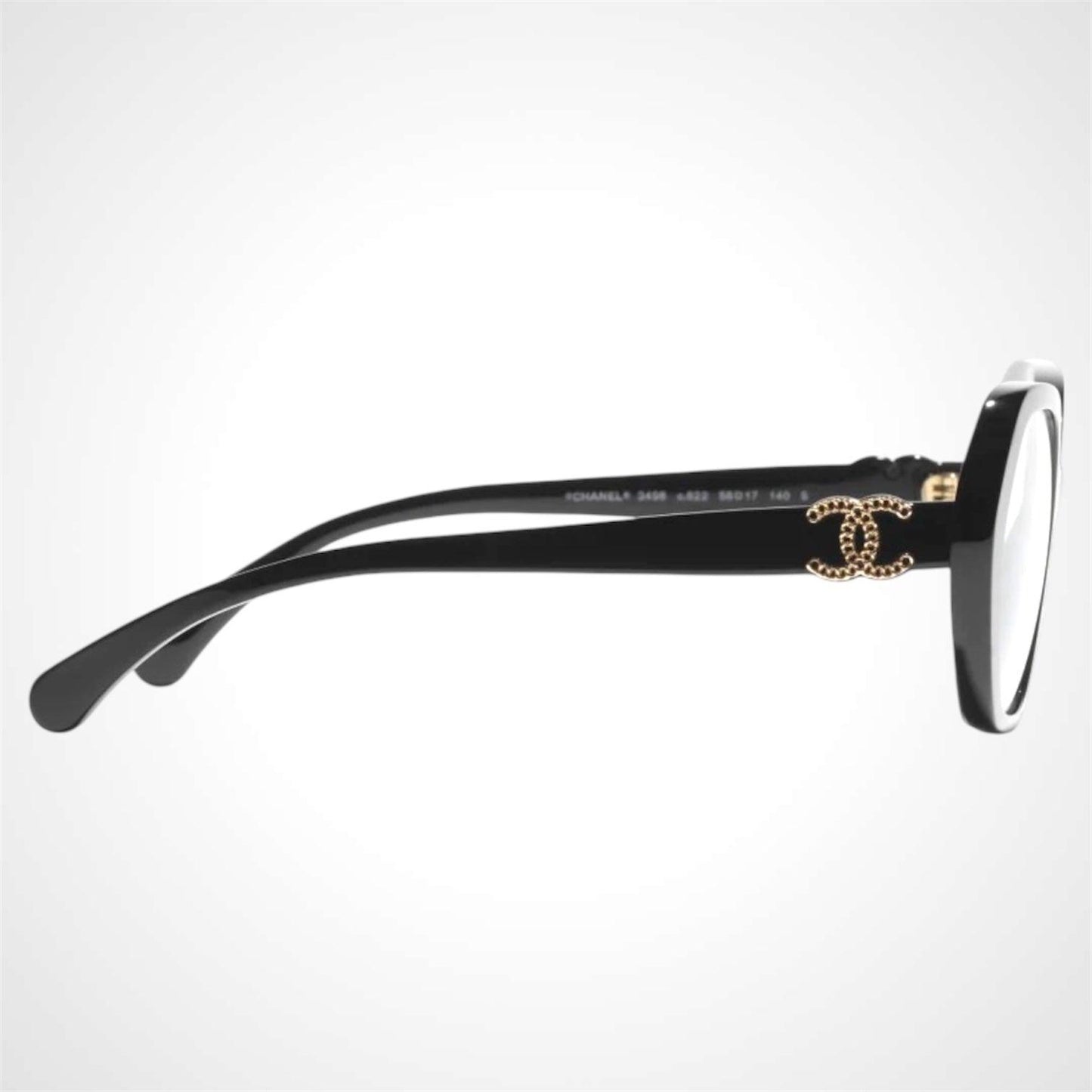 CHANEL CH3496 C622 black side view of the gold CC logo.