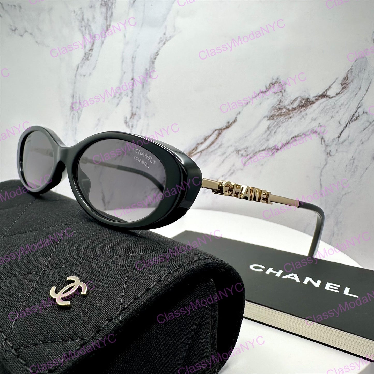 CH5565 C622/S8 Chanel black oval sunglasses side view with case 