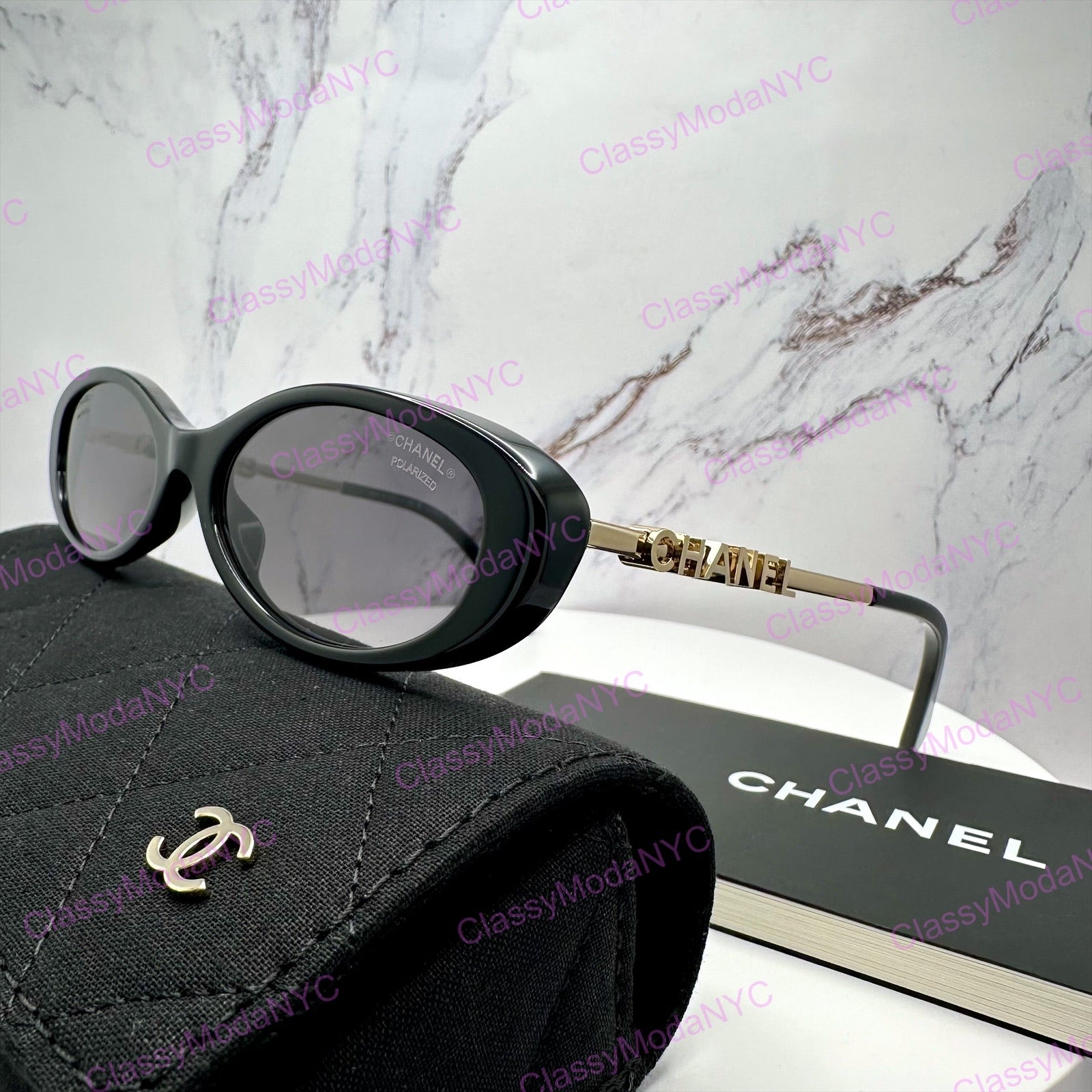 CH5565 C622/S8 Chanel black oval sunglasses side view with case 