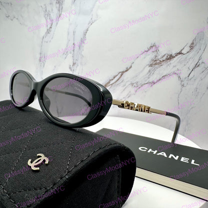 CH5565 C622/S8 Chanel black oval sunglasses side view with case 