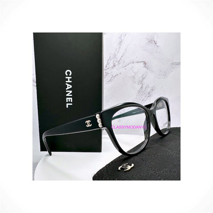CHANEL 3440H C622 women's black butterfly acetate eyeglasses with gold CC pearl detailing and clear Rx-able lenses